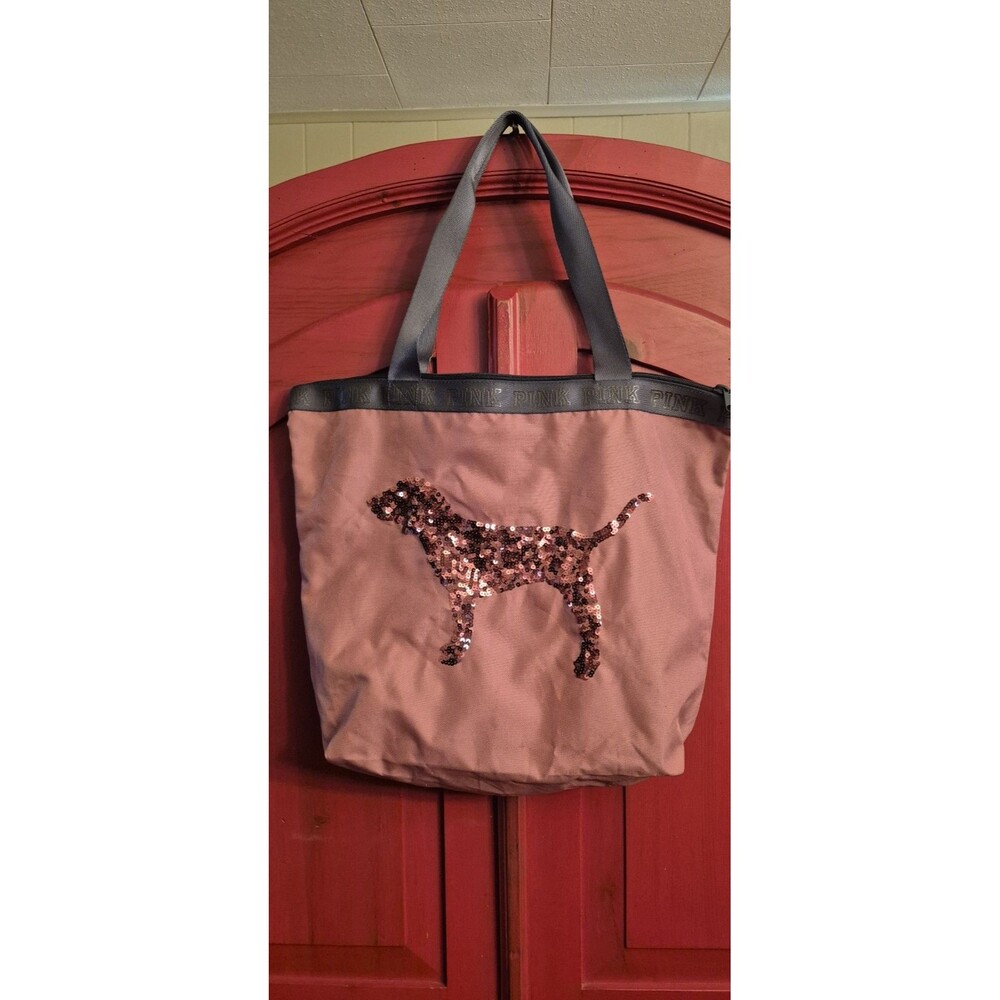 NWOT VS Victoria’s Secret PINK Large Tote Beach Bag Pink Sequin Dog Design New